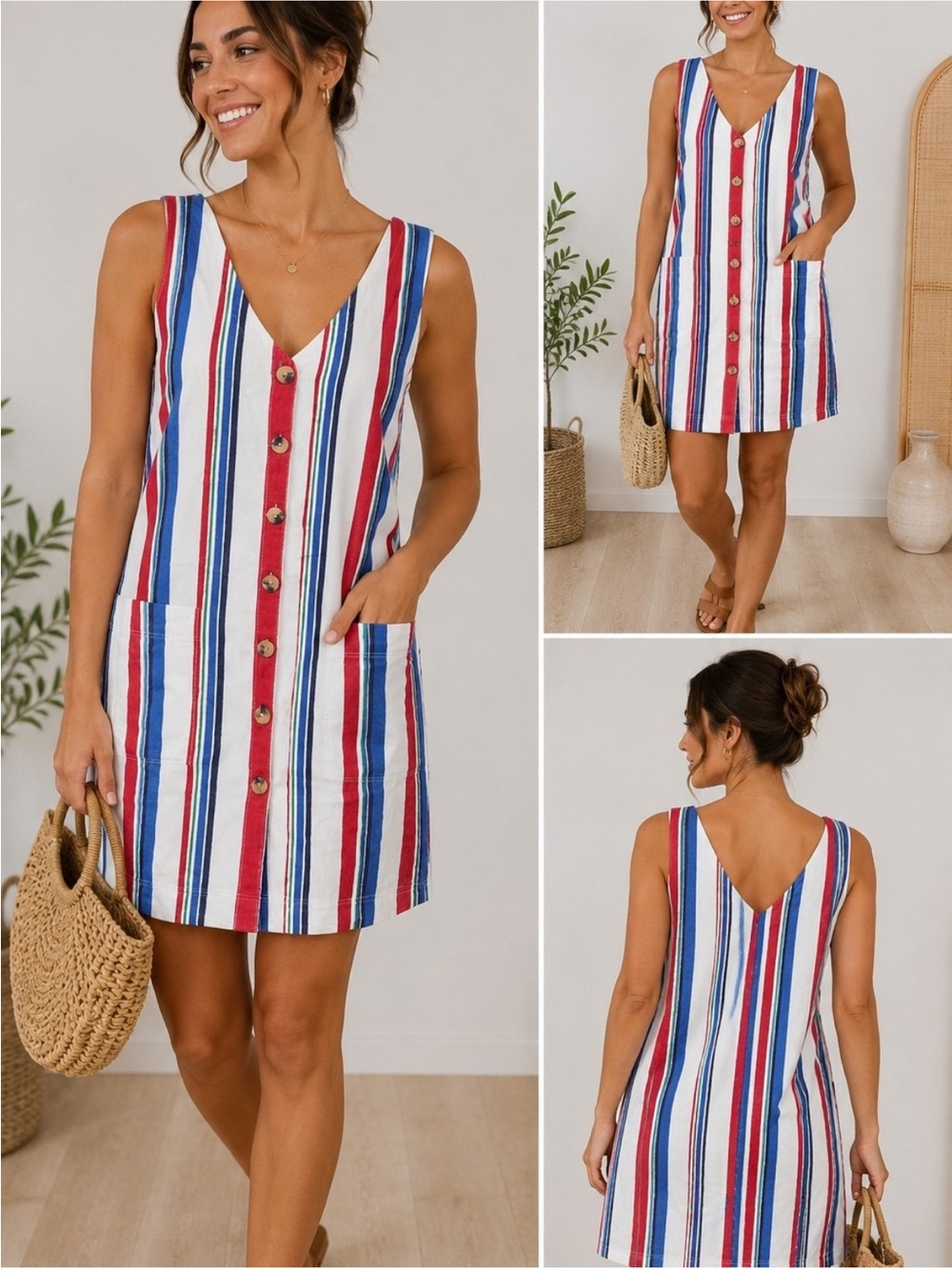 Old Navy railroad Striped Button Front Cotton Shift Dress Sleeveless Pockets
